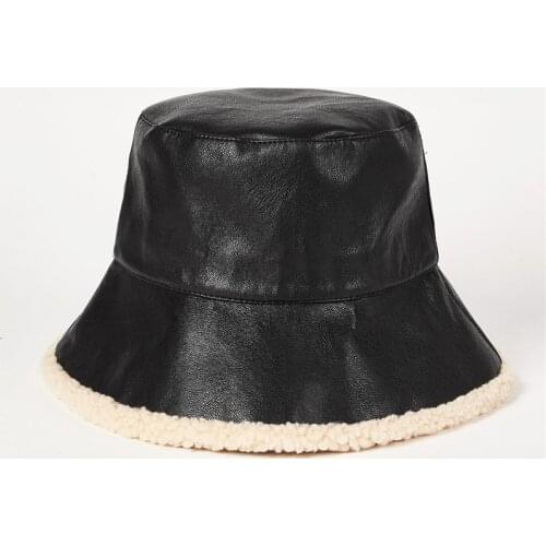 Women Autumn Winter Warm Bucket Hat Casual Style PU Leather Solid Black Cap