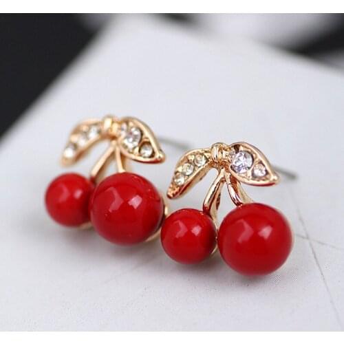 Women Cute Red Cherry Earrings Crystal Stud Earrings SAL99