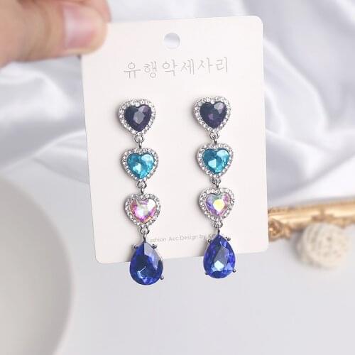 MWSONYA 2020 Fashion Korean Blue Love Heart Crystal Earrings for Women Water Drop Crystal Tassel Pendant Shining Jewelry Gift