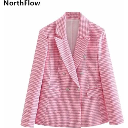 Northflow Blazer Women England style Houndstooth Double Breasted Regular Blazer Feminino Femme Women Blazers and Jackets