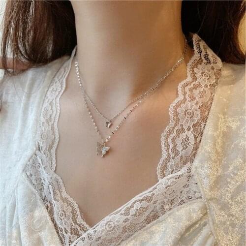 VSnow Fairy Double Layer Cubic Zircon Butterfly Pendant Necklace for Women Korean Fashion Alloy Chain Necklace Luxury Jewelry