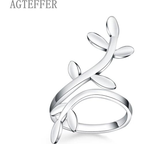 AGTEFFER 925 Sterling Silver Leaf Open Ring Ladies Fashion Wedding Engagement Party Strap Jewelry Gift