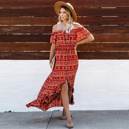 AECU Summer Women Boho Maxi Dress Womens Long Dress Sundress Plus Size Slash Neck Vacation Vestido Floral Print Long Dress