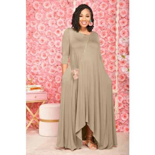 Spring And Summer Fashion Sexy Ladies Solid Color Round Neck Fifth Sleeve Asymmetrical Hem Dress Wide Speaker