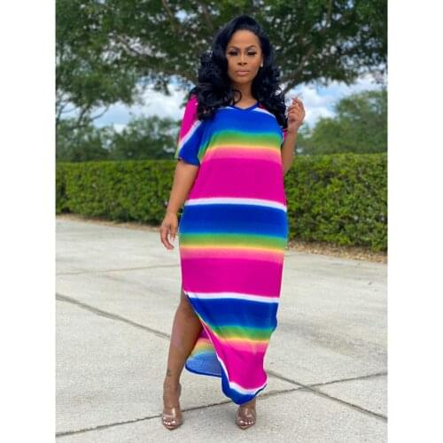 Summer Womens Floor Length Dress Stripe Printed Side Split Asymmetric Vacation Vestidos V Neck Short Sleeve Maxi Long Dresses