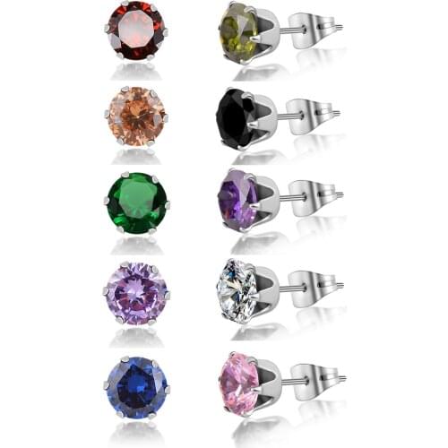 1 pair 10 color Fashion Popular Luxury Cubic Crystal 5mm/7mm Round Gem Zircon Stainless Steel Stud Earrings for Women