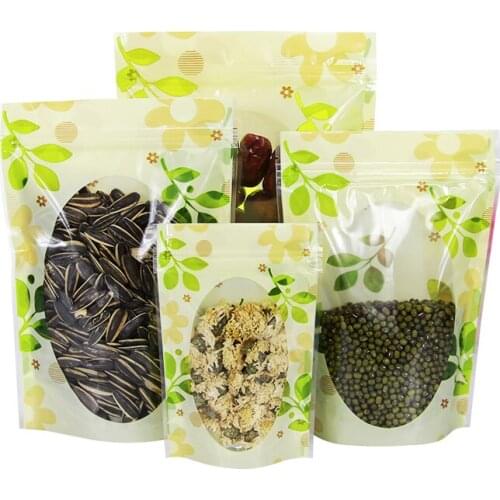 1000Pcs Retail Plastic Ziplock Resealable Packing Bags Tea Dried Flower Fruit Storage Clear Poly Packaging Bag With Leaf Print