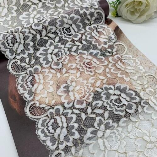 3y/lot 22cm Ivory Gold Floral Elastic Stretch Lace Trimming For Clothing Underwear Sewing Craft DIY Apparel Fabric Lace Applique