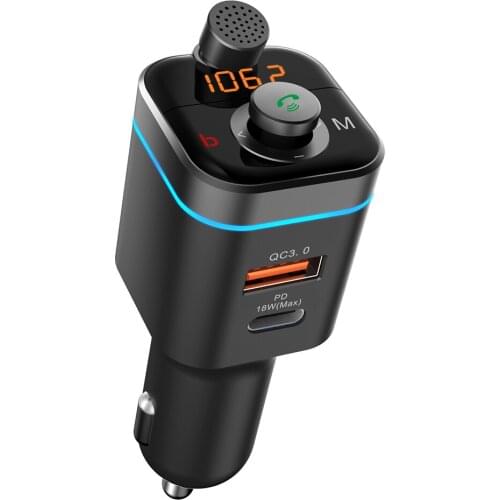 Blue-tooth 5.0 Car FM Transmitter Microphone Wireless Car Charger Type-c PD 18W & QC3.0 Fast Charging USB Car-charger Adapter