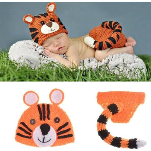 Baby Tiger Costume Outfit Newborn Infant Photography Props Handmade Crochet Baby Animal Beanie Hat with Tailed Pant H108