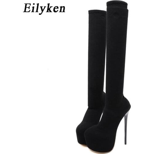 Eilyken Fashion Stretch Fabric Platform Round Toe Stiletto Over The Knee Boots Women High Heel Sexy Club Thigh Long Sock Boots