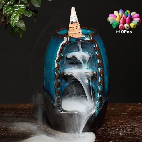 Gift 10 Cones Waterfall Incense Burner 2 Size Lucky Ceramic Censer Home Decor Offfice Ornament