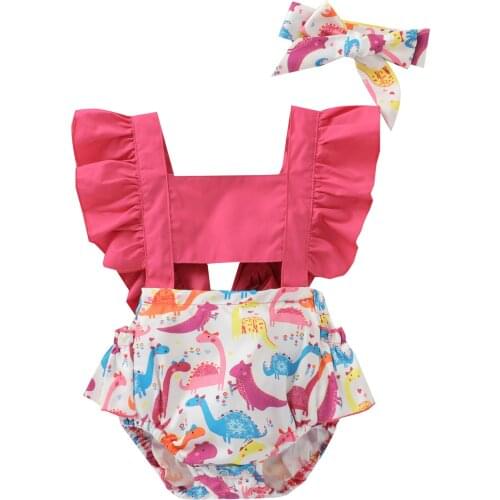 New Baby Girls Two-piece Clothes Set, Pink Cartoon Dinosaur Printed Pattern Sleeveless Romper and Headdress Set