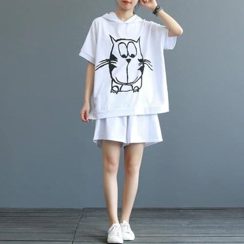 Womens Hoodies Suits Plus Size Summer Loose Literary Short Sleeve Pullover Printed Solid Color Short Pants Casual Two Piece Set