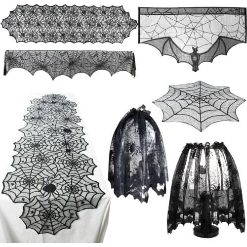 Halloween Lace Tablecloth Black Bat Spider Web Table Runner Lampshade Decoration For Halloween Party Home Bar Fireplace Decor