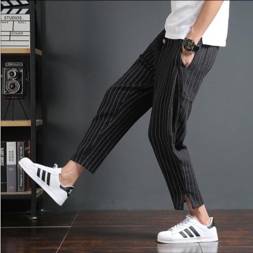 M-5xl 2020 Spring And Summer New Casual Harem Pants Mens Elastic Waist Stripe Loose 9 Points Pants Cotton Linen Split Pants