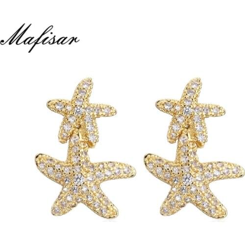 Mafisar Fashion Cute Gold Filled Starfish Stud Earrings For Women Rainbow Statement Earrings Charm Copper CZ Stone Jewelry Gift