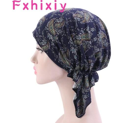 Muslim Women Stretch Cotton Headscarf Print Turban Hat Pre Tied Cancer Chemo Beanies Caps Headwrap Headwear Hair Cover