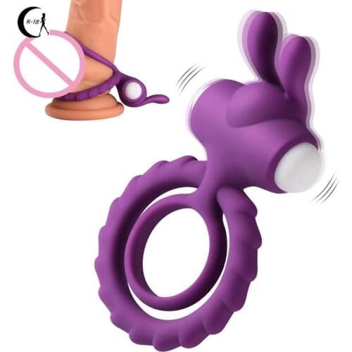 Soft Silicone Dual Vibrating Delay Ejaculation Cock Ring Dick Penis Ring Cockring Adult Sex Toys with Rabbit Ears for Couples
