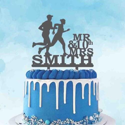 Personalized Your Number 10th 20th 30th Wedding Anniversary Cake Topper Custom Mr Mrs Name Couple Running Silhouette Cake Topper