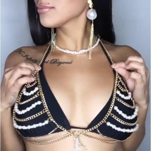 Sexy Party Club Chest Chain For Women Pearl Chest Chain Gold ColorBra Body Necklace Choker Jewelry Wild Halter Body Chains