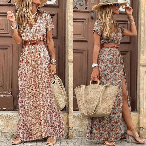 Boho Women V Neck Short Sleeve Paisley Print Belt Large Hem Beach Long Dress Women Long Dress Women Long Dress Women Long Dress