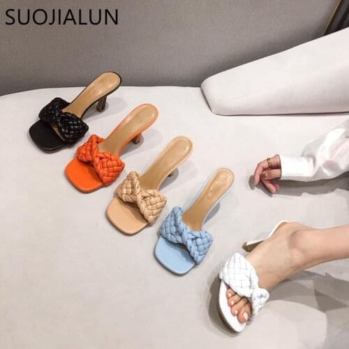 SUOJIALUN 2021 Summer Women Slipper Fashion Brand Weave Ladies Sandal Shoes Thin High Heel Outdoor Dress Pumps Shoes Slides
