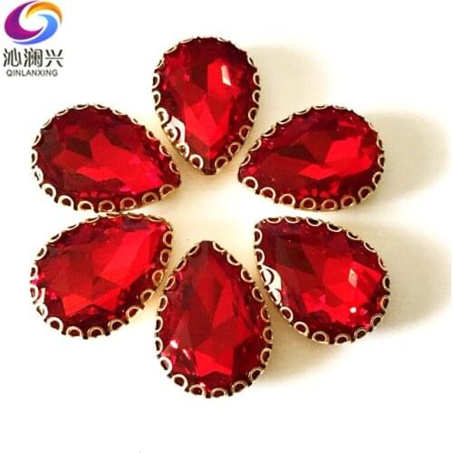 Red color Drop shape top glass crystal lace claw rhinestones,golden base sew on stone for Diy/Clothing accessories HGS06