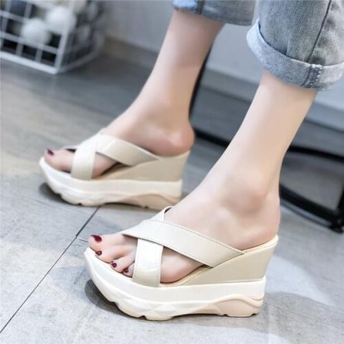 COOTELILI Women Summer Slippers Platform Fashion 10cm Heel Wedges Shoes 2020 New Fashion Slippers Slip On Beige Green Basic