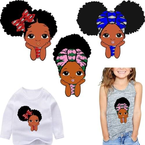 Iron -On Patches Cute Little Black Afric American Girl Thermo Sticker On Kids Clothes Stripe Patches Heat Transfer Vinyl Sticker