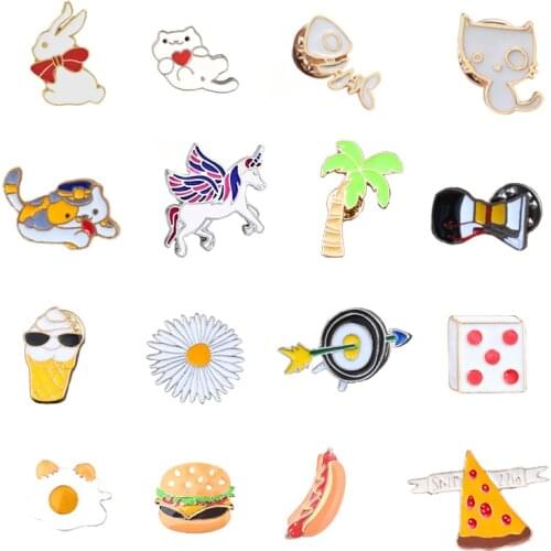 18 styles Creative Cartoon Animal cat dog Brooch Burger Pizza dice daisy pins metal Enamel Pin Badges Brooches for women Jewelry