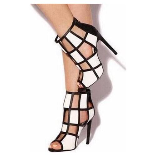 Geometric Black White Women High Heel Sandals Peep Toe Cut-out Back Zipper Cage Shoes Spring Summer Dress Shoes Glatiator Boot