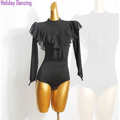 Long Sleeve Lotus Shoulder Women Latin Dance Bodysuit Latin Dancing Tops Practise Tango Chacha Dancing Performamnce T061