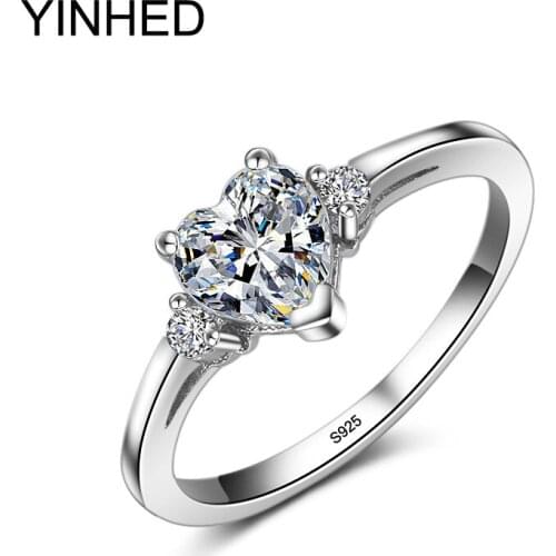 YINHED Solid 925 Sterling Silver Wedding Rings For Women Heart Cubic Zirconia CZ Engagement Ring Fashion Jewelry Size 4-12 ZR365