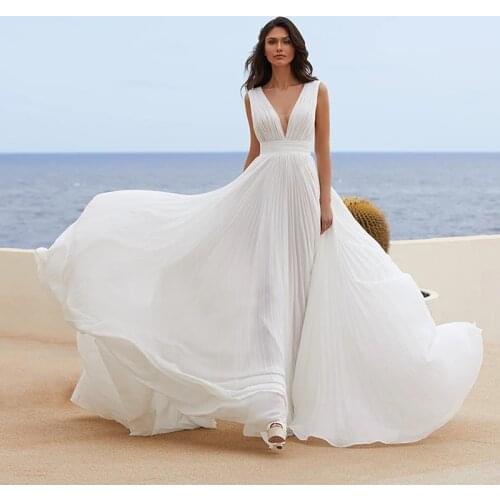 Boho Beach Chiffon Bridal Wedding Dresses White For Women Simple Sleeveless V Neckline Pleating Skirt Wedding Gowns for Bride