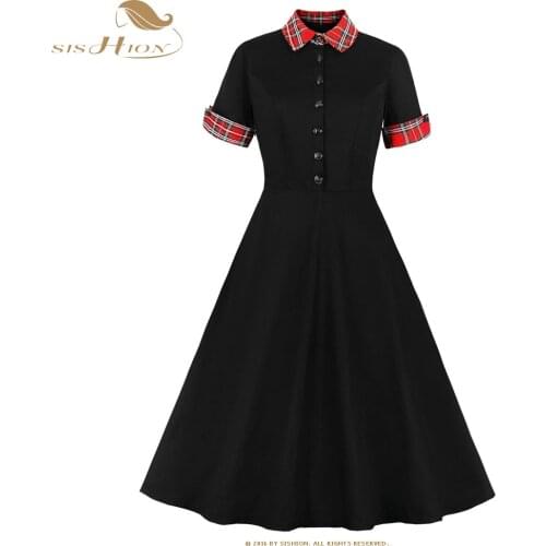 SISHION Turn-down Collar Autumn Summer Women Black Dress VD2093 Hepburn Short Sleeve Patchwork Plaid Cotton 50s Vintage Dress