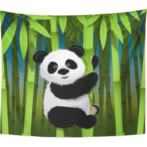 Animal Black Bear Curious Panda on Stem of The Bamboo Green Jungle Alive Appetite Tapestry Home Decor Wall Hanging for Living