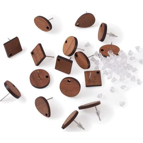 1 Set CoconutBrown Wood Stud Earring Findings with Loop Alloy Earring Pin and Plastic Ear Nut Mixed Shapes Jewelry Accessories