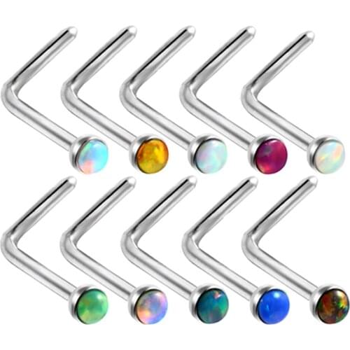 10Pcs/lot Opal Stone Nose Studs for Women Stainless Steel Nose Piercing L Shape Nose Stud Lot Zircon Bar Piercing Body Jewelry