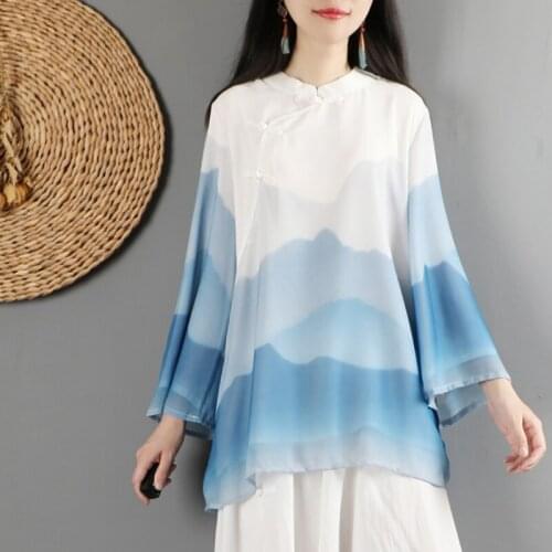 2020 Women Chinese Traditional Style Shirts Chiffon Blouses Loose Vintage Cheongsam Top Hanfu Shirt Ladies Chinese Tops 11411