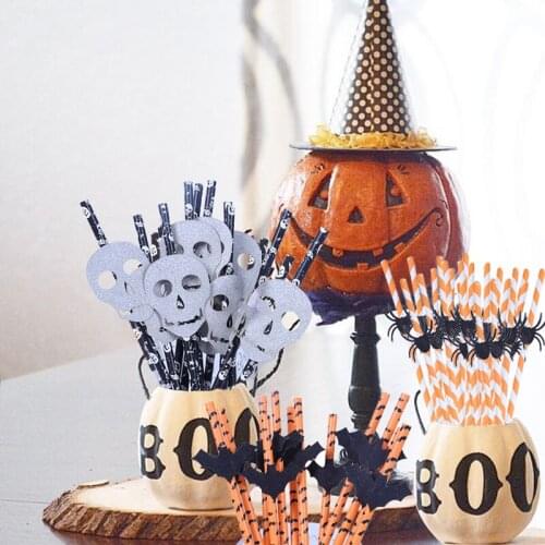 25pcs Black Orange Halloween Straws For Juice Drink Cup Straws Halloween Party Environmental Paper Straws Skull Bat Spider
