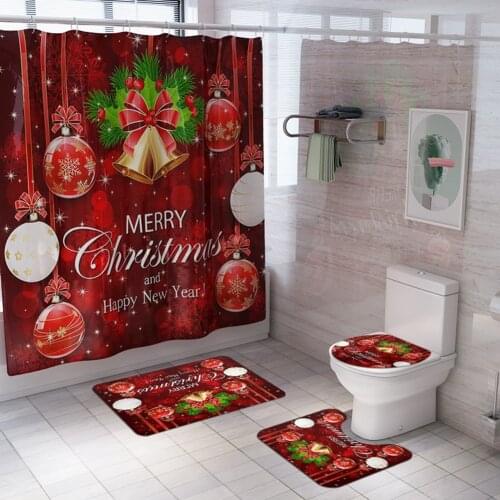 4Pcs Bathroom Accessaries Set Merry Christmas Decor Shower Curtain with Hooks Toilet Seat Lid Cover Flannel Floor Anti-slip Mat