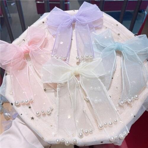 Boutique 12pcs Fashion Big Tulle Bow Hairpins Solid Pearl Bowknot Barrettes Hair Clips Princess Headwear Girls Hair Accessories