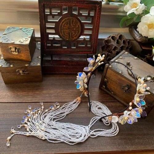 Nong Yu Colored Glaze Pear Blossom Gorgeous Long Tassel Hair Band Hanfu Hair Accessory Hair Jewelry National Trend Vintage