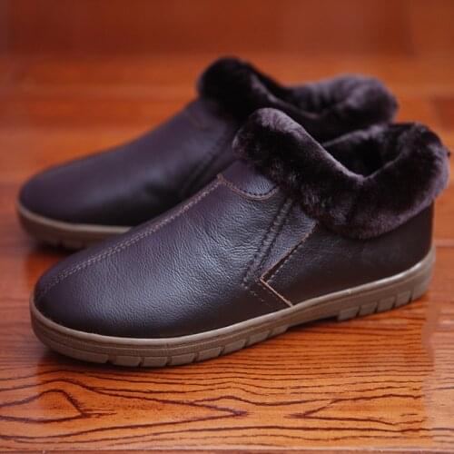 Genuine Leather Winter Warm Shoes Men and Women Heel Protective Indoor Slippers Aged People Comfortable Anti-Skip Home Slippers