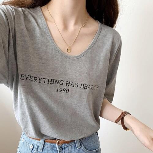 Harajuku Basic Letter T Shirt Women Summer Oversized Grey Casual Loose T-shirts Korean Style V Neck Ladies Tops