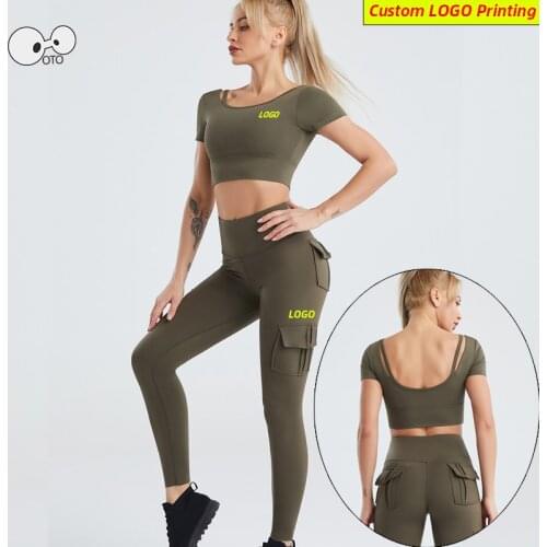 Custom LOGO Build In Bra Crop Top+Tights 2 Pcs Yoga Set Women Quick Dry Stretch Gym Fitness Running Sport Suit Sportswear