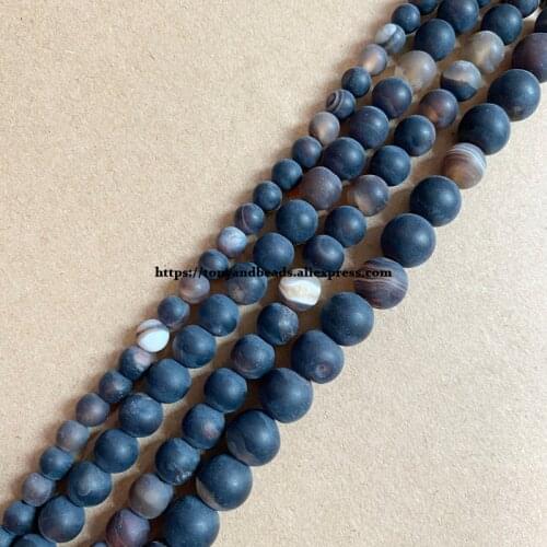 15" Natural Stone Frost Grind Arenaceous Matte Brown Stripe Agate Onyx Round Loose Beads 6 8 10 12MM Pick Size
