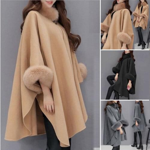 Fashion Womens Ladies Winter Wool Cape Coat Flare Sleeve Faux Fur Collar Ponch
