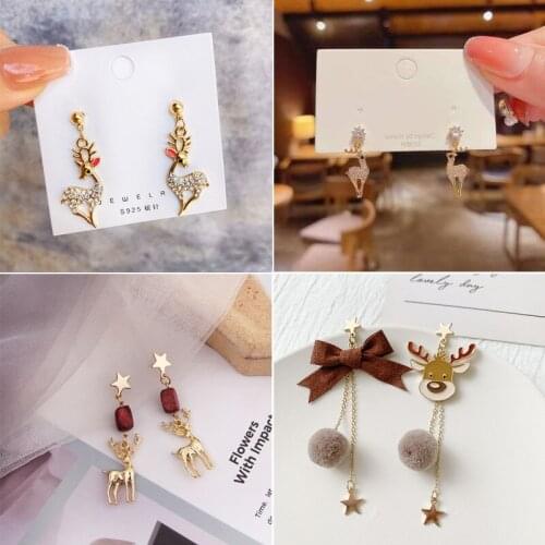 Fashion Metal Earrings Womens Vintage Alloy Christmas Milu Deer Pentagram Bowknot Long Asymm Stud Earrings Jewelry for Girls